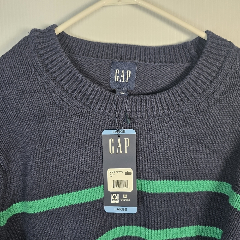 NWT GAP Women's Crewneck Navy With Green Stripe Cotton Sweater Size L Preppy - Picture 3 of 10